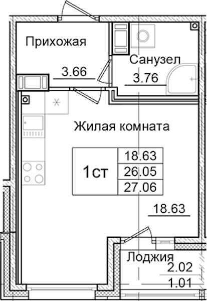 Квартира студия 27.06 м², 3/9 эт., ЖК «Квартал Заречье»